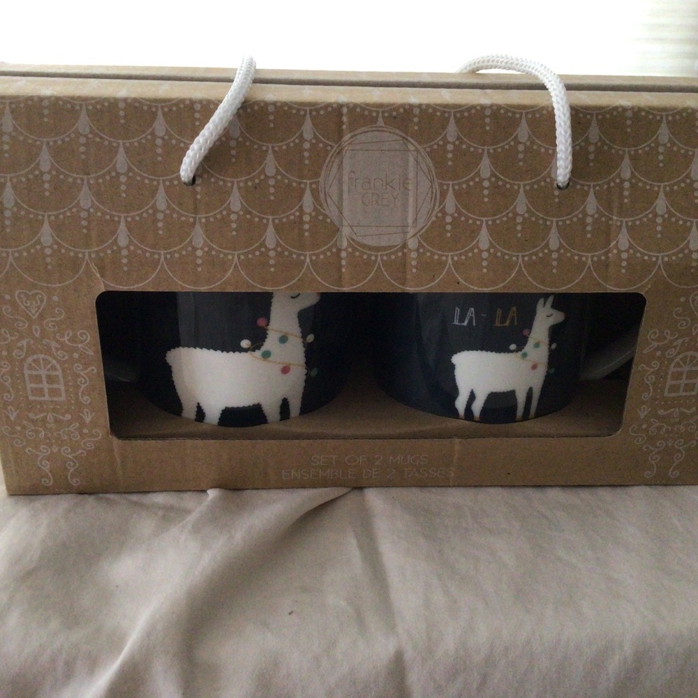 Set of 2 Frankie Grey Llama holiday mugs in gift box - NEW
